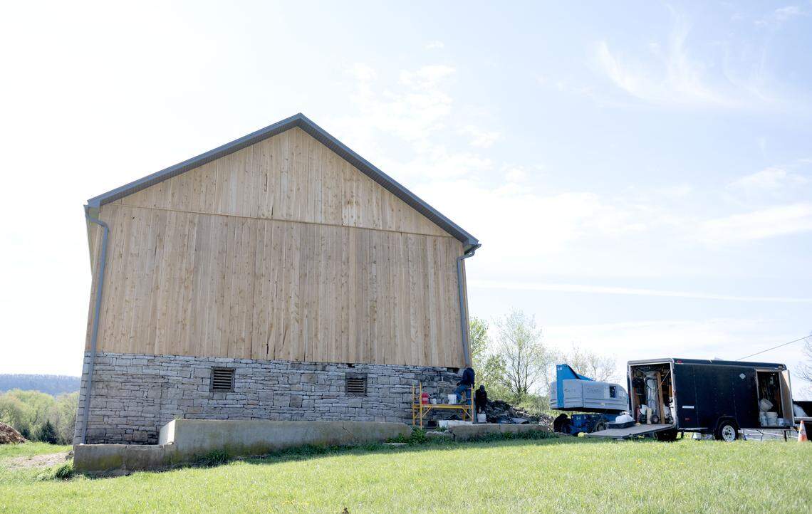 Updates are underway to the barn on Gene and Rebecca Lengerich’s property, which can be seen off of West Branch Road on Wednesday, April 22, 2026. The Lengerichs received a grant from the Historic Barn and Farm Foundation of Pennsylvania to help with the costs. 