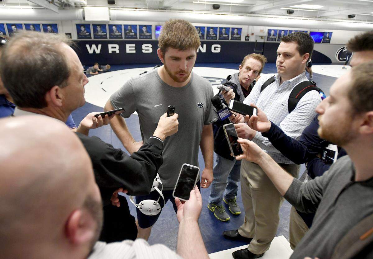 Nick Nevills answers questions during Penn State wrestling media day on Tuesday, Nov. 6, 2018. 
