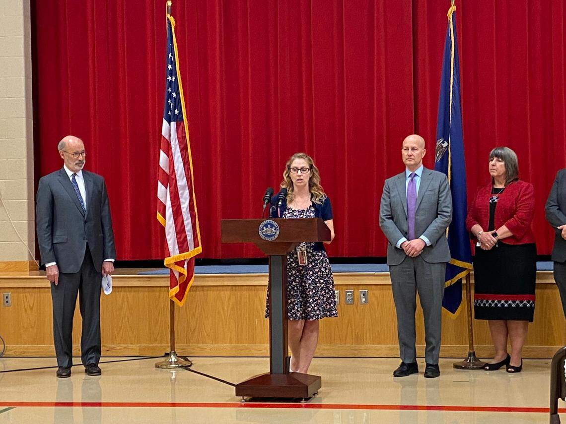 Joy Miller, a school psychologist for the Bellefonte Area School District, speaks about the challenges of limited broadband access during an event at Marion-Walker Elementary School on Wednesday, May 18, 2022.