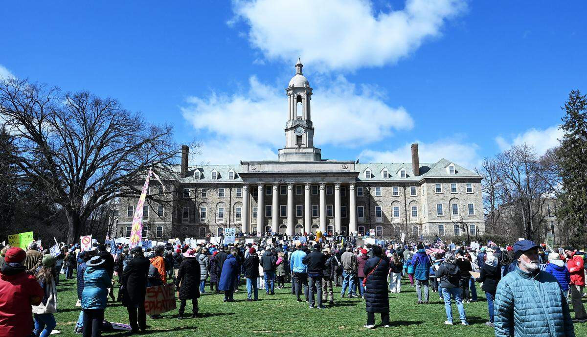 Saturday’s No Kings rally in State College started on Old Main lawn.