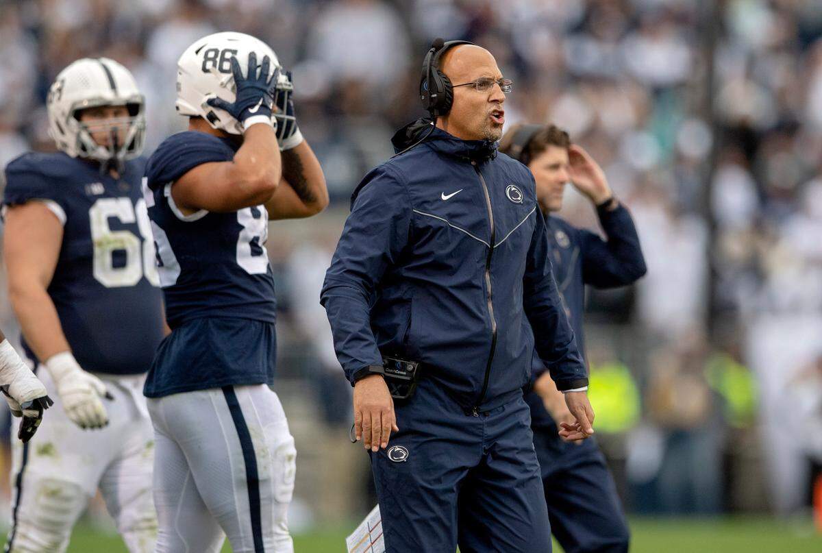 Penn State football coach James Franklin yells to a referee after a call in overtime of the game against Illinois on Saturday, Oct. 23, 2021.