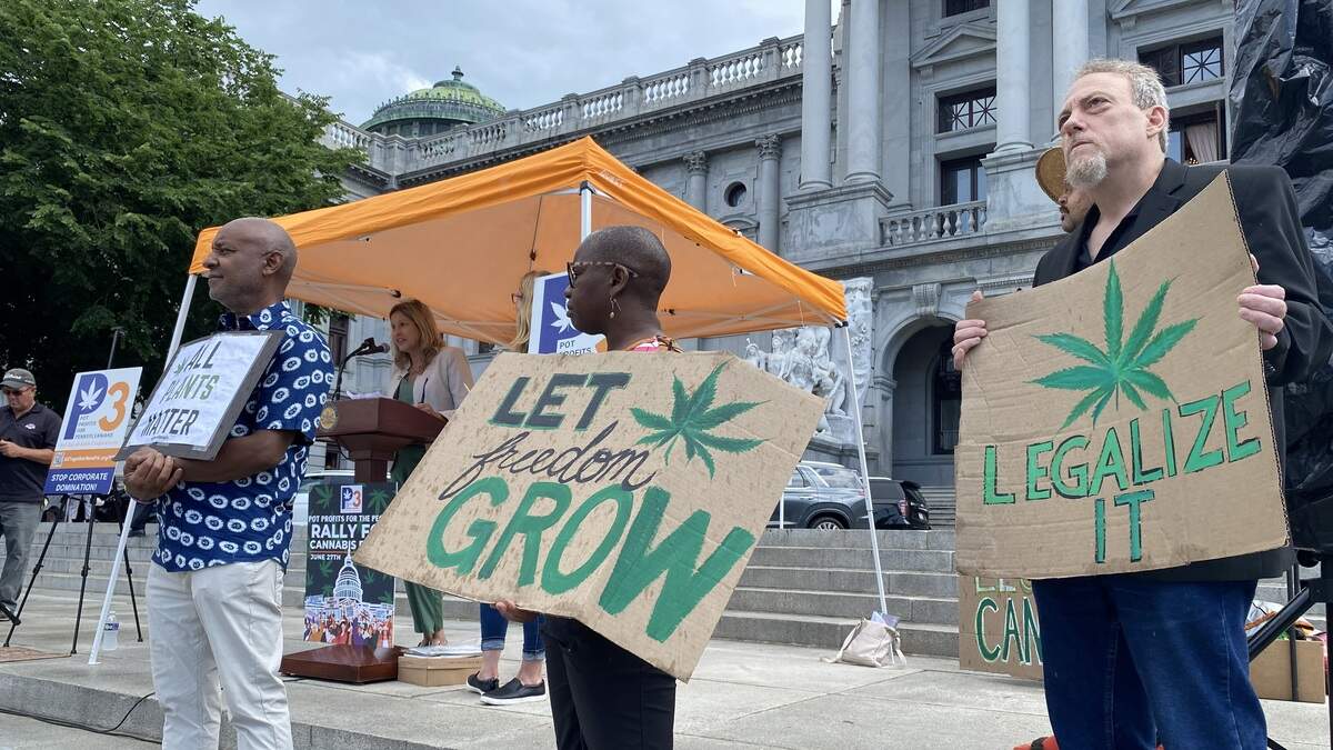 Supporters of legalizing cannabis for adult-use rally outside the state Capitol in Harrisburg on June 27, 2023