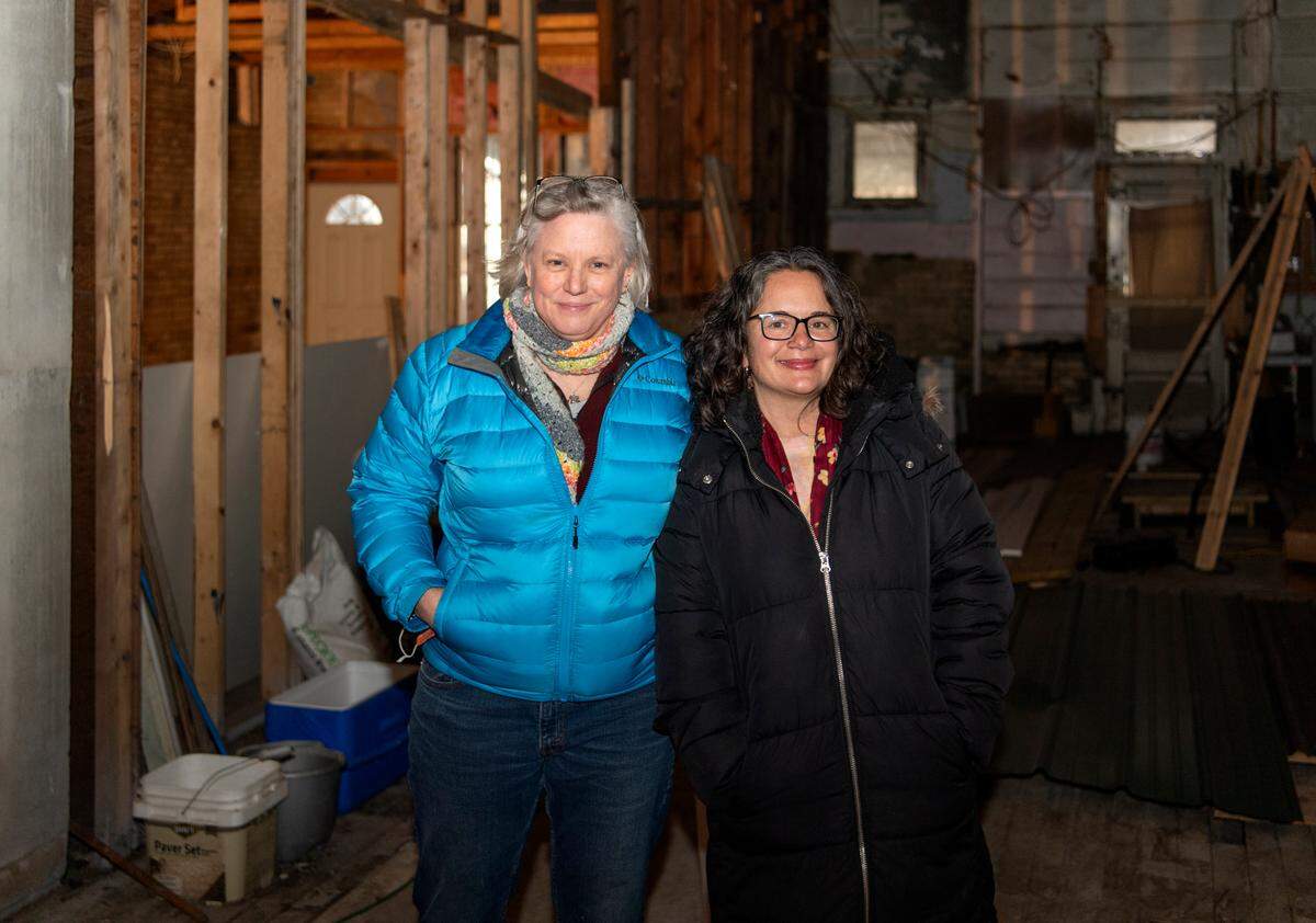 Artists Adrienne Waterston and Lynn Anne Verbeck at 104 Front St. in Philipsburg, where they are working to make the ARTery.