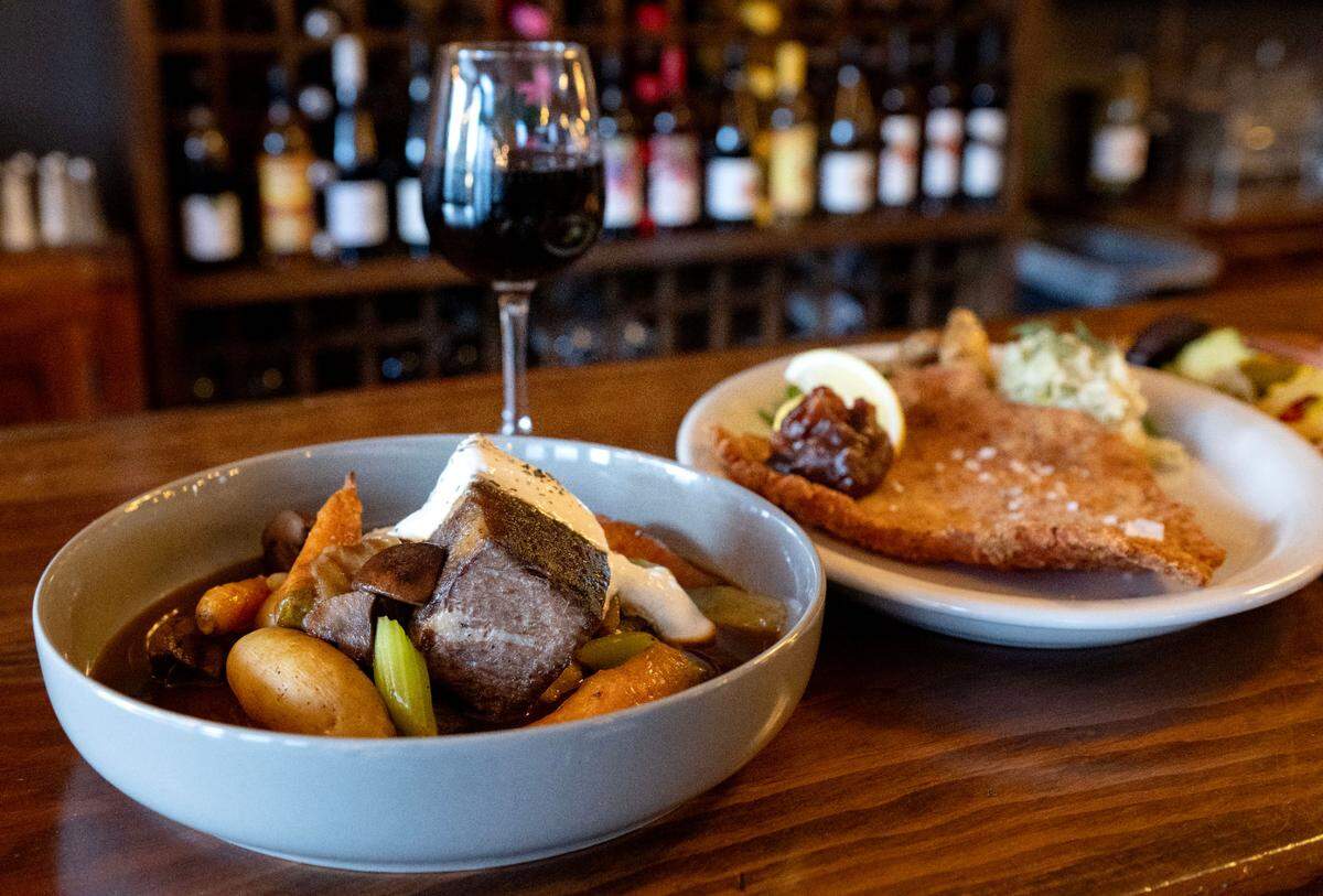 The Ten Point braised short rib pot roast with vegetables and fingerling potatoes and a horseradish cream along with a glass of Seven Mountains Ten Point at Pass The Dutchie in Reedsville.