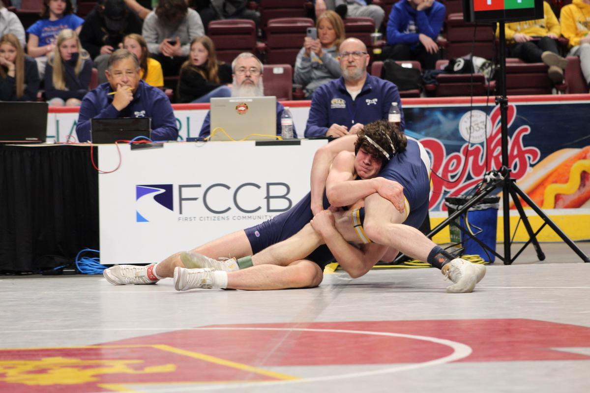 Bald Eagle Area’s Caleb Close attempts to finish off a takedown on Notre Dame Green Pond’s Garrett Tettemer in their 172-pound seventh-place match of the PIAA Class 2A Championships on Saturday, March 12, 2022 at Giant Center in Hershey. Tettemer edged Close, 3-1, in sudden victory.