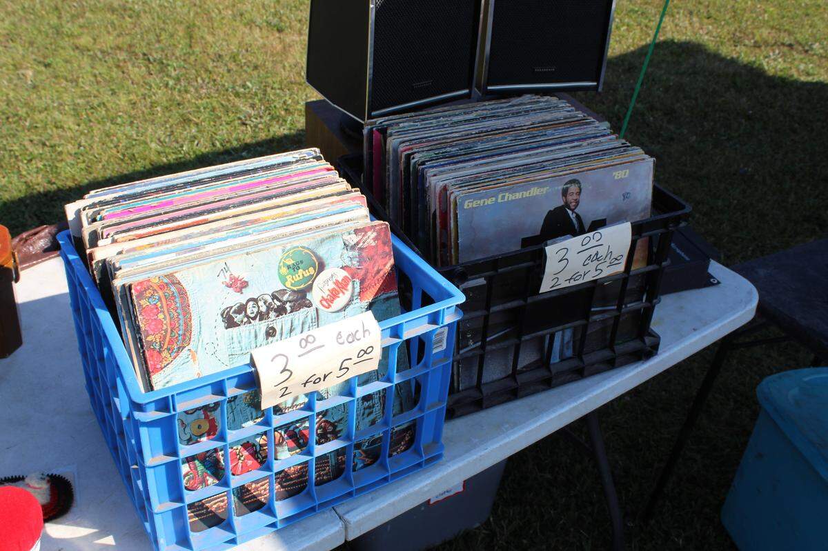 Two boxes of vintage vinyl records found Friday at the 100 Mile Yard Sale that takes place in parts of Cameron, Centre, Clearfield and Elk counties.