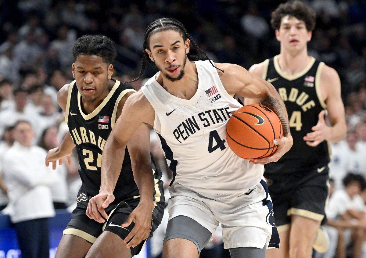 Penn State’s Freddie Dilione V cuts down the court to make a basket after turning the ball over during the first half of the game against Purdue on Thursday, Dec. 5, 2024.