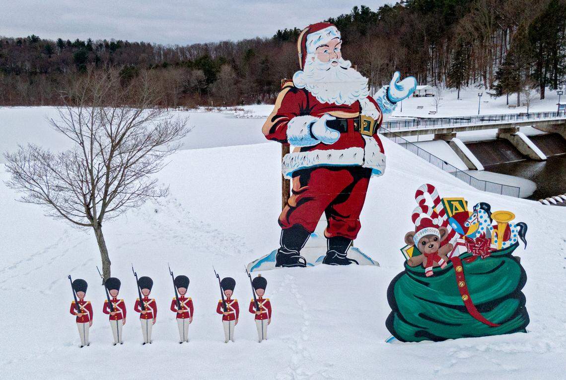 The Big Santa on display at Cold Stream Dam in snowy Philipsburg in December of 2020, before it folded in on itself and collapsed “like an accordion” on Dec. 29, 2024.