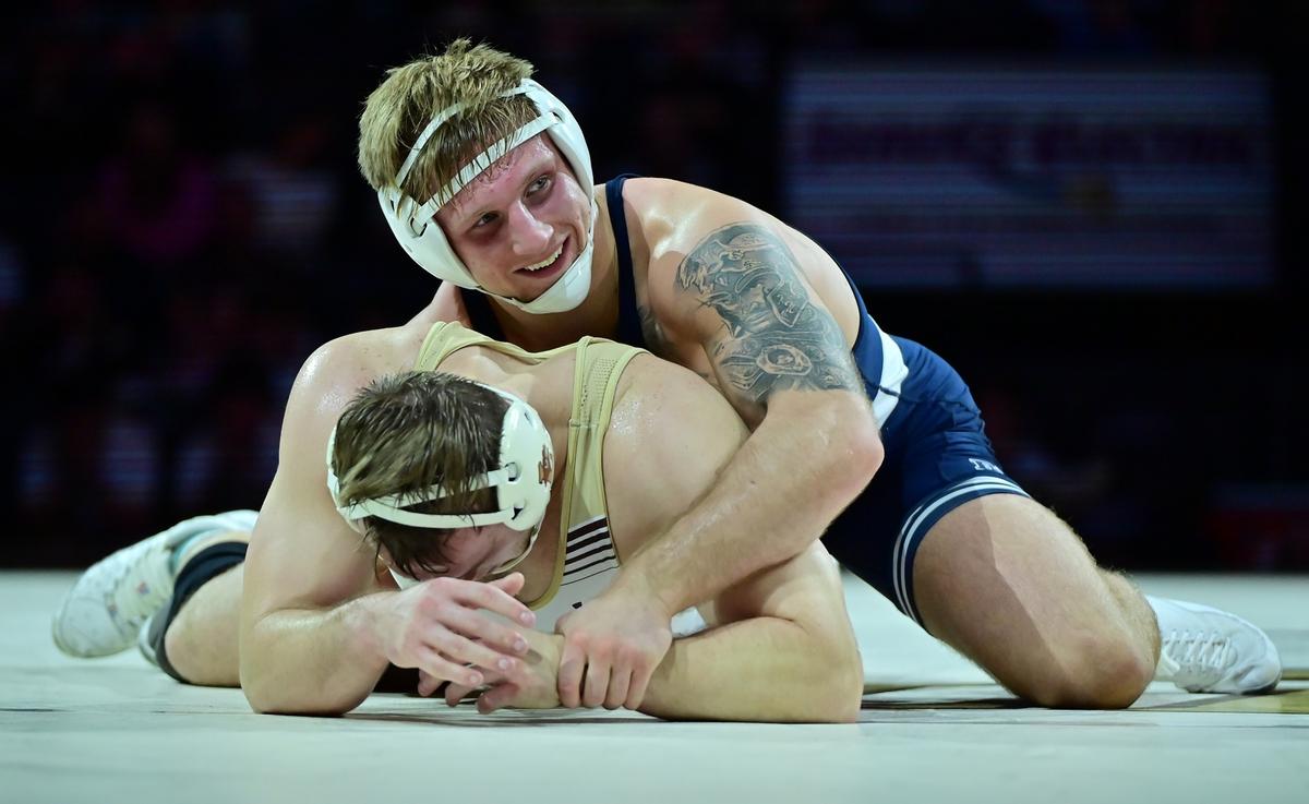Penn State’s Josh Barr celebrates his 11-3 win over Lehigh’s Michael Beard at 197 pounds in the Nittany Lions’ 36-3 win on Dec. 8 at PPL Center in Allentown. No. 23 Barr upset the No. 6 wrestler.