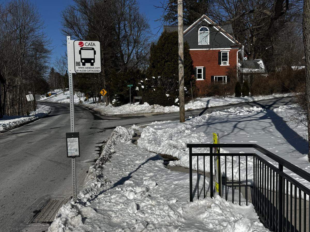 A narrow path is carved out of the snow near a bus stop in Lemont Feb. 2, 2026.