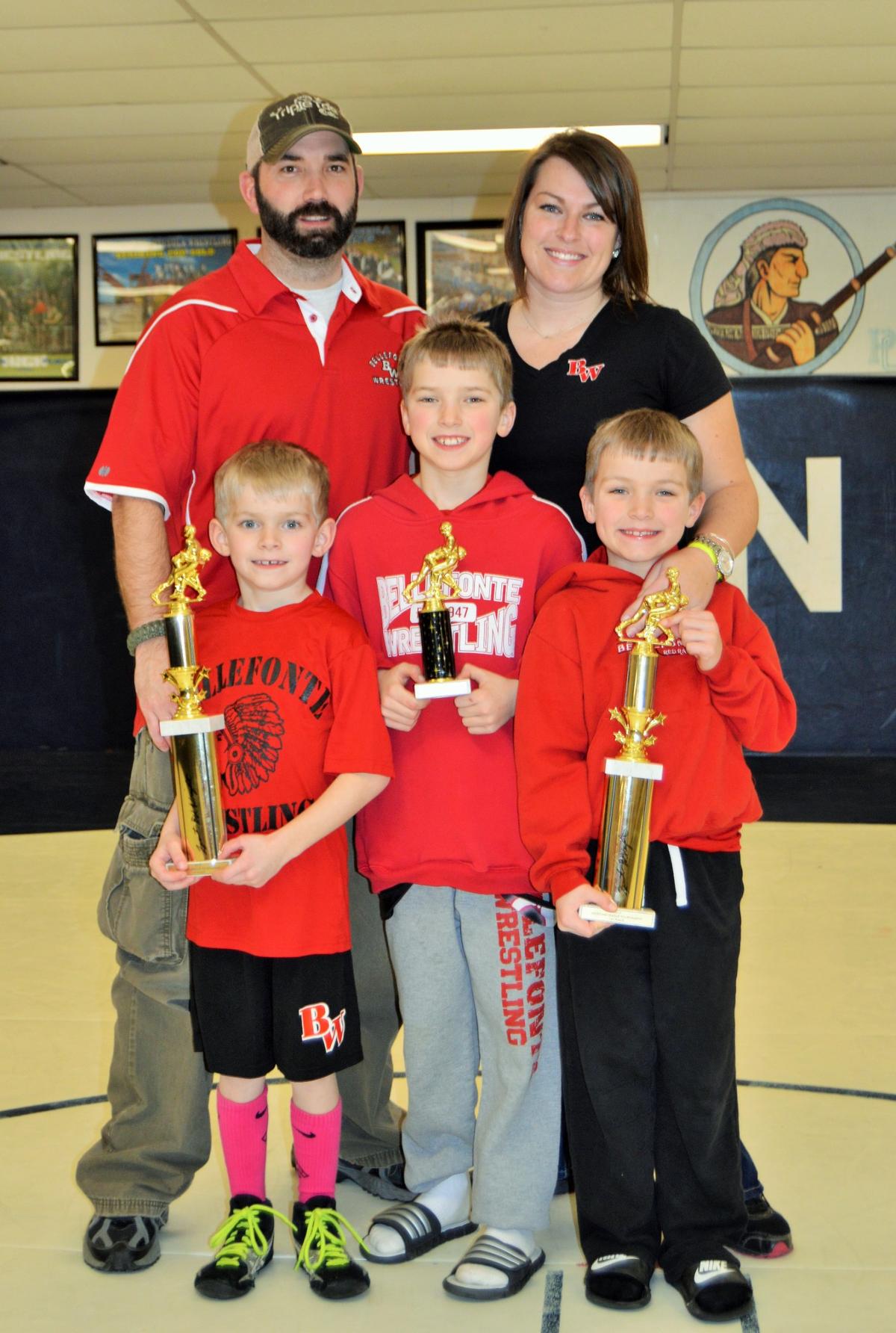Wrestling has become a way of life for the Long family. The trio of brothers in the front (from left) Wyatt Long, Gage Long and Jackson Long are in Bellefonte’s starting lineup. Father, Shane, wrestled for Bellefonte during his high school years. Mother, Raquel, was in high school and took in several duals during Bald Eagle Area’s historic 1998 and 1999 seasons.