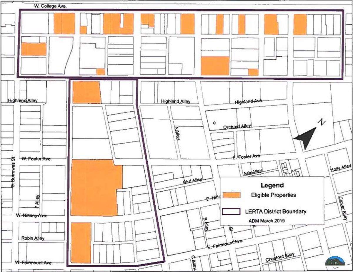 The proposed LERTA district consists of 25 eligible parcels and 27 buildings. Two of the buildings -- the school district’s Nittany Avenue Administration Building and Penn State’s James Building -- are set for demolition.