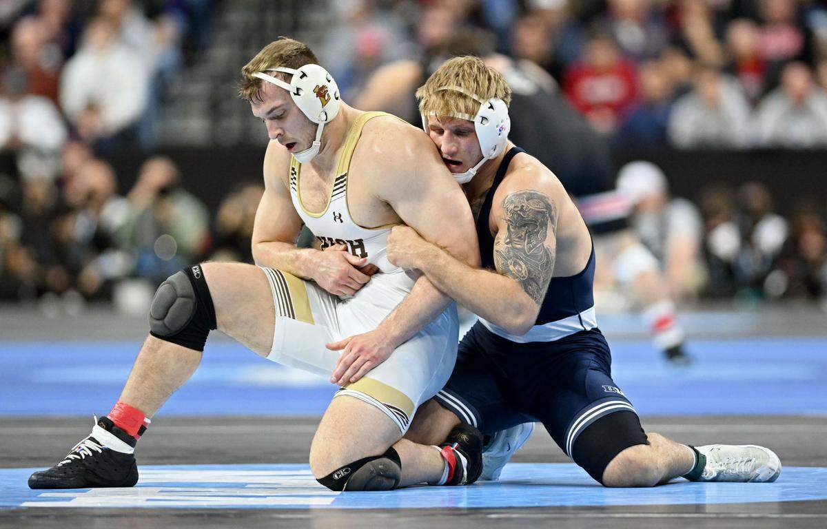 Penn State’s Josh Barr controls Lehigh’s Michael Beard in a 197-pound quarterfinal bout during the 2025 NCAA Wrestling Championships in Philadelphia on Friday, March 21, 2025.
