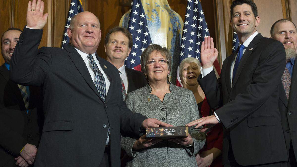 House Speaker Paul Ryan administers the House oath of office to Rep. Glenn Thompson, R-Pa., during a mock swearing-in ceremony on Capitol Hill in Washington on Jan. 3, 2017.