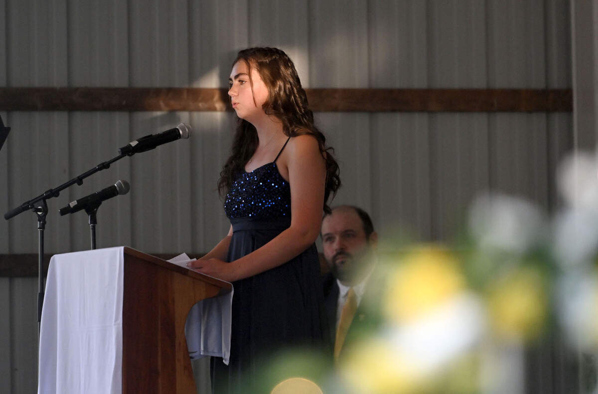 Katherine Coopey gives her speech about the fair during the 2024 Centre County Grange Fair Queen Coronation on Wednesday, Aug. 14, 2024.