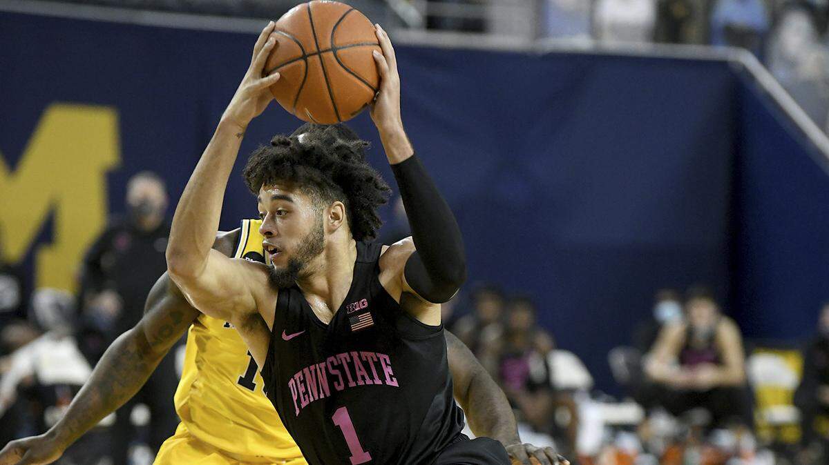 Penn St forward Seth Lundy drives to the basket during an NCAA basketball game against Michigan, Sunday, Dec. 13, 2020, in Ann Arbor, Mich. (AP Photo/Lon Horwedel)