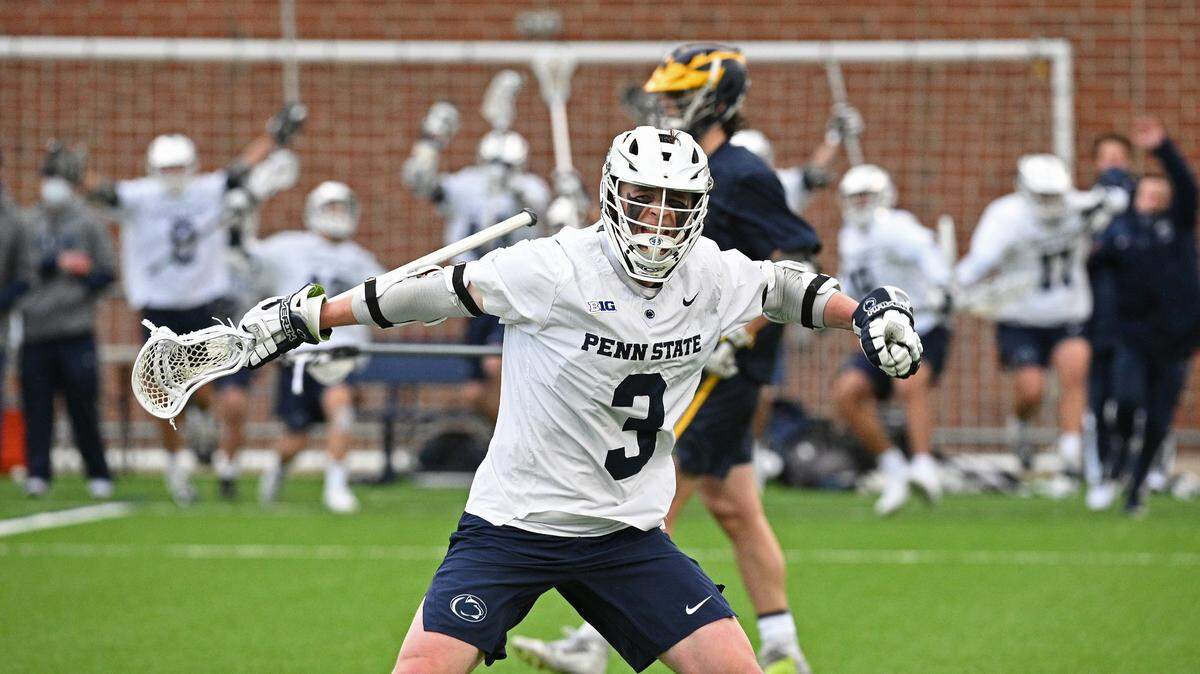 Penn State’s Mac O’Keefe (3) scores his second goal of the game against Michigan and his 213 career goal, breaking and setting a new NCAA Division 1 Men’s Lacrosse Career Scoring record, on April 16, 2021.