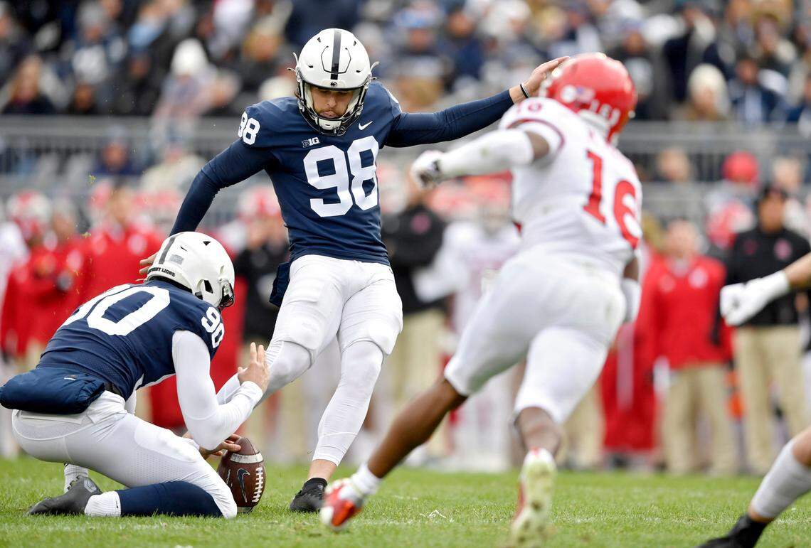 Penn State kicker Jordan Stout makes the extra point during the game against Rutgers on Saturday, Nov. 20, 2021.