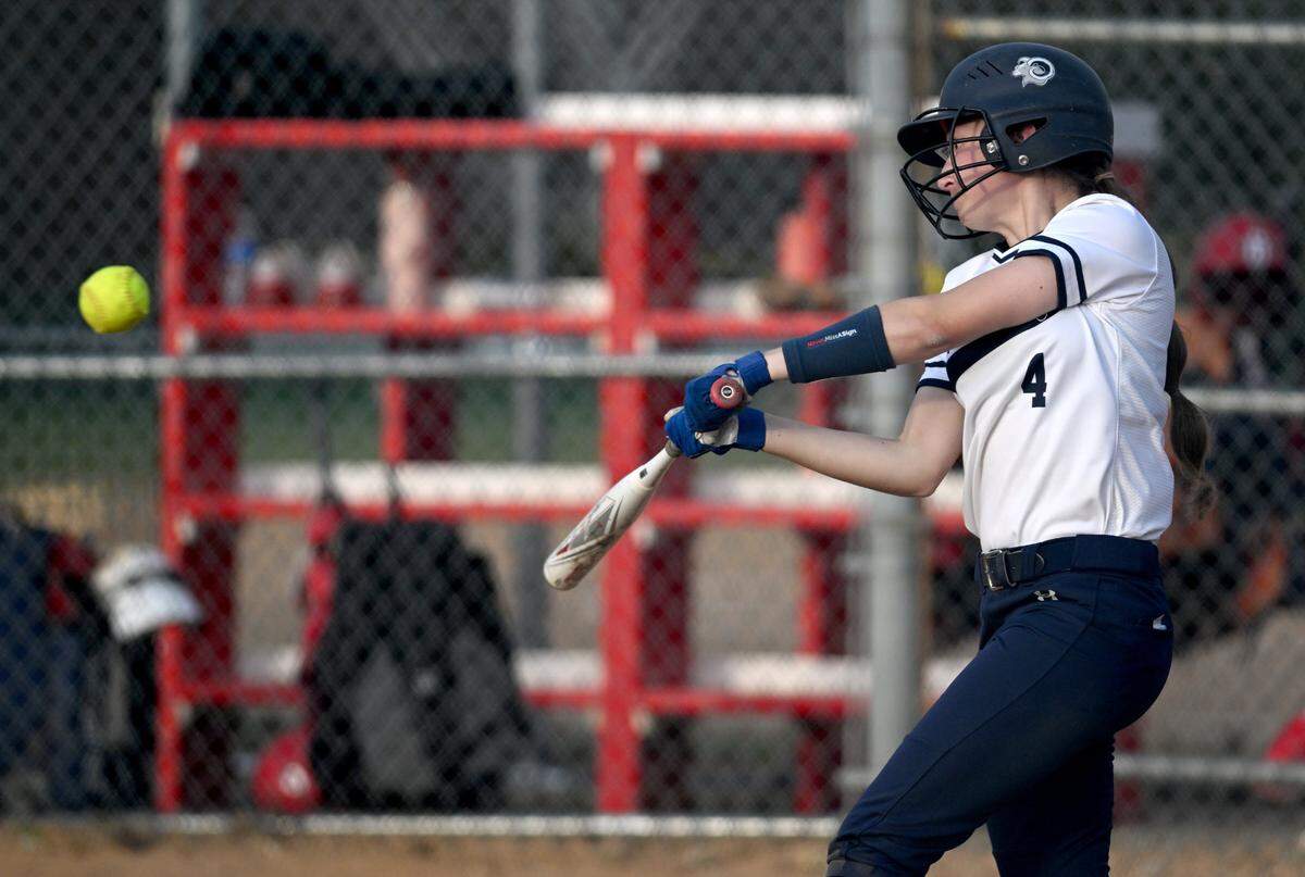 Penns Valley’s Haddley Stover gets a hit up the first base line that scored two runs in the game against Bellefonte on Tuesday, April 4, 2023.
