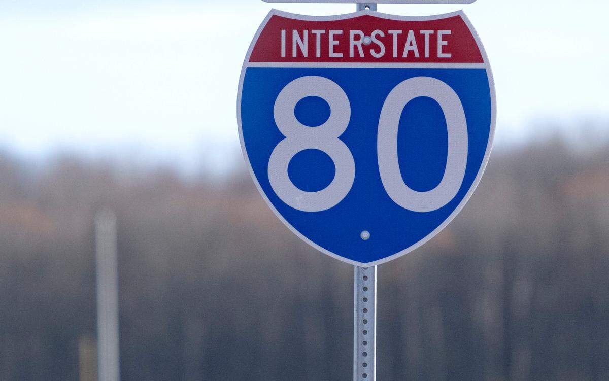An I-80 sign.