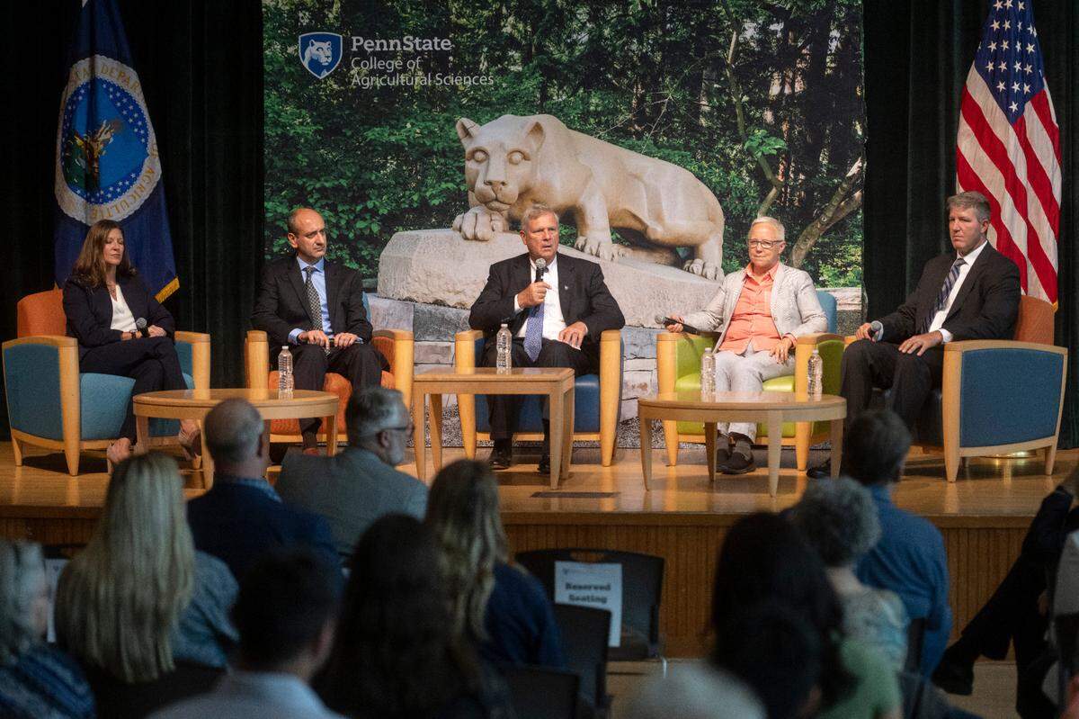 Agriculture Secretary Tom Vilsack, center, holds a panel discussion about climate-smart commodities and rural projects on Wednesday, Sept. 14, 2022 in the HUB on the campus of Penn State.