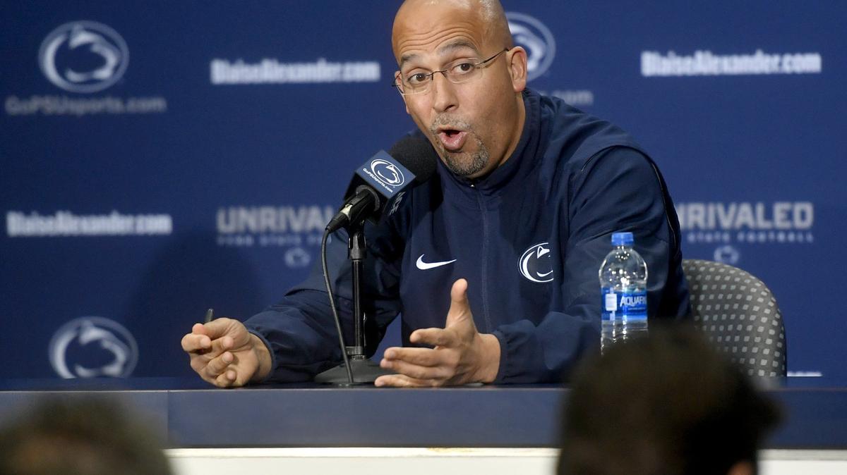 Penn State football coach James Franklin answers a question about linebacker Cam Brown at his weekly press conference on Tuesday, Oct. 30, 2018.
