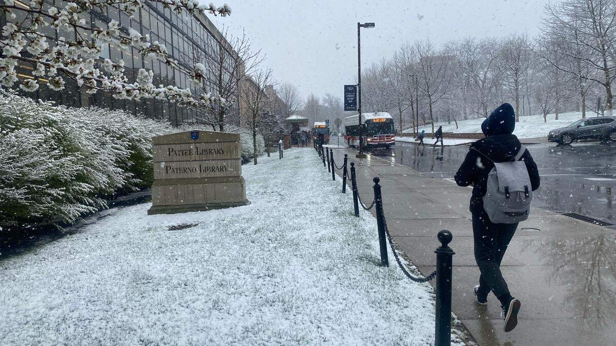 Snow falls on the Penn State campus Monday, April 18, 2022. Here’s 2022 to 2023 winter weather predictions from the Farmers’ Almanac.