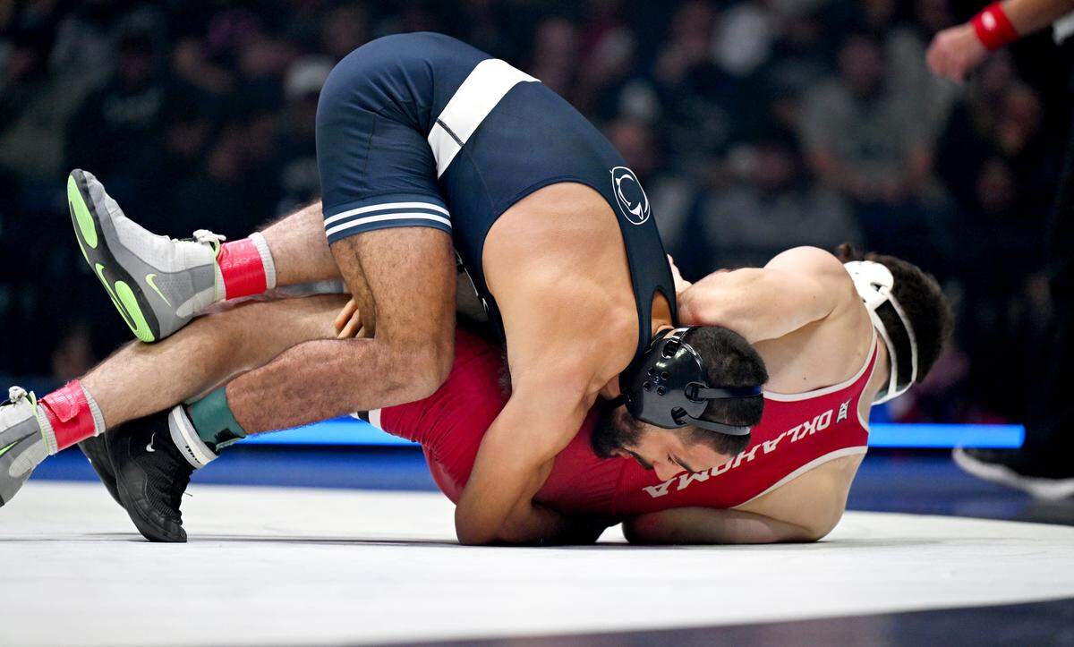 Penn State’s Shayne Van Ness controls Oklahoma’s Layton Schneider in the 149 lb bout during the match on Friday, Nov. 14, 2025 at the Bryce Jordan Center.