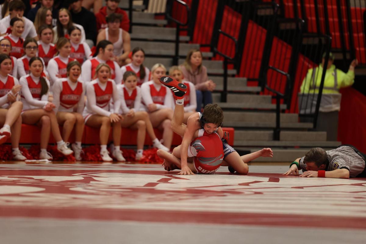 Penns Valley’s Conner Myers looks to pin Bellefonte’s Wyatt Long in their 107 pound bout of the Rams’ 51-15 win on Wednesday, Jan. 4, 2023. Myers did earn a fall in 1:53