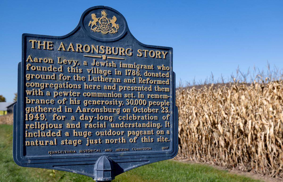 A Pennsylvania Historical sign about The Aaronsburg Story along Route 45.