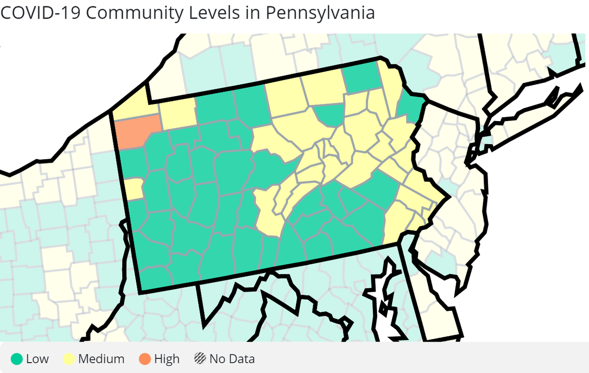 Here are the latest COVID-19 community levels in Pennsylvania, from the U.S. Centers for Disease Control and Prevention.