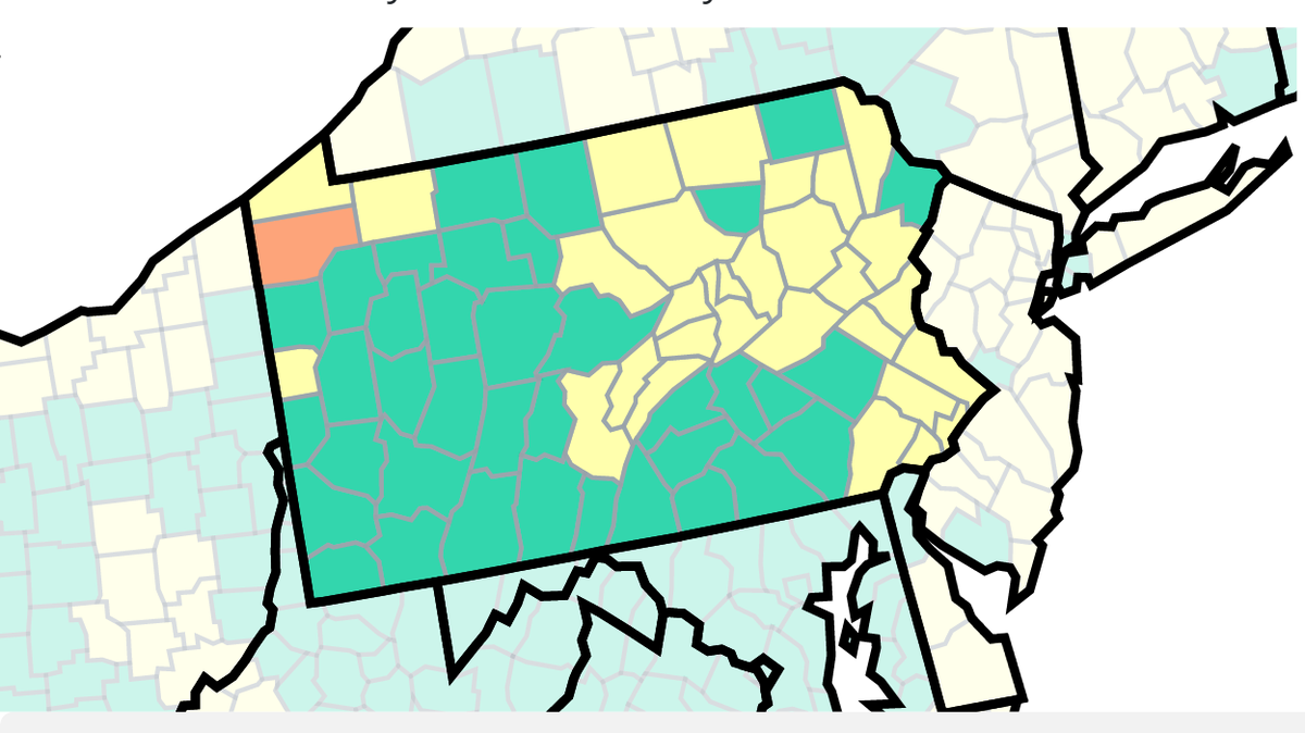 Here are the latest COVID-19 community levels in Pennsylvania, from the U.S. Centers for Disease Control and Prevention.