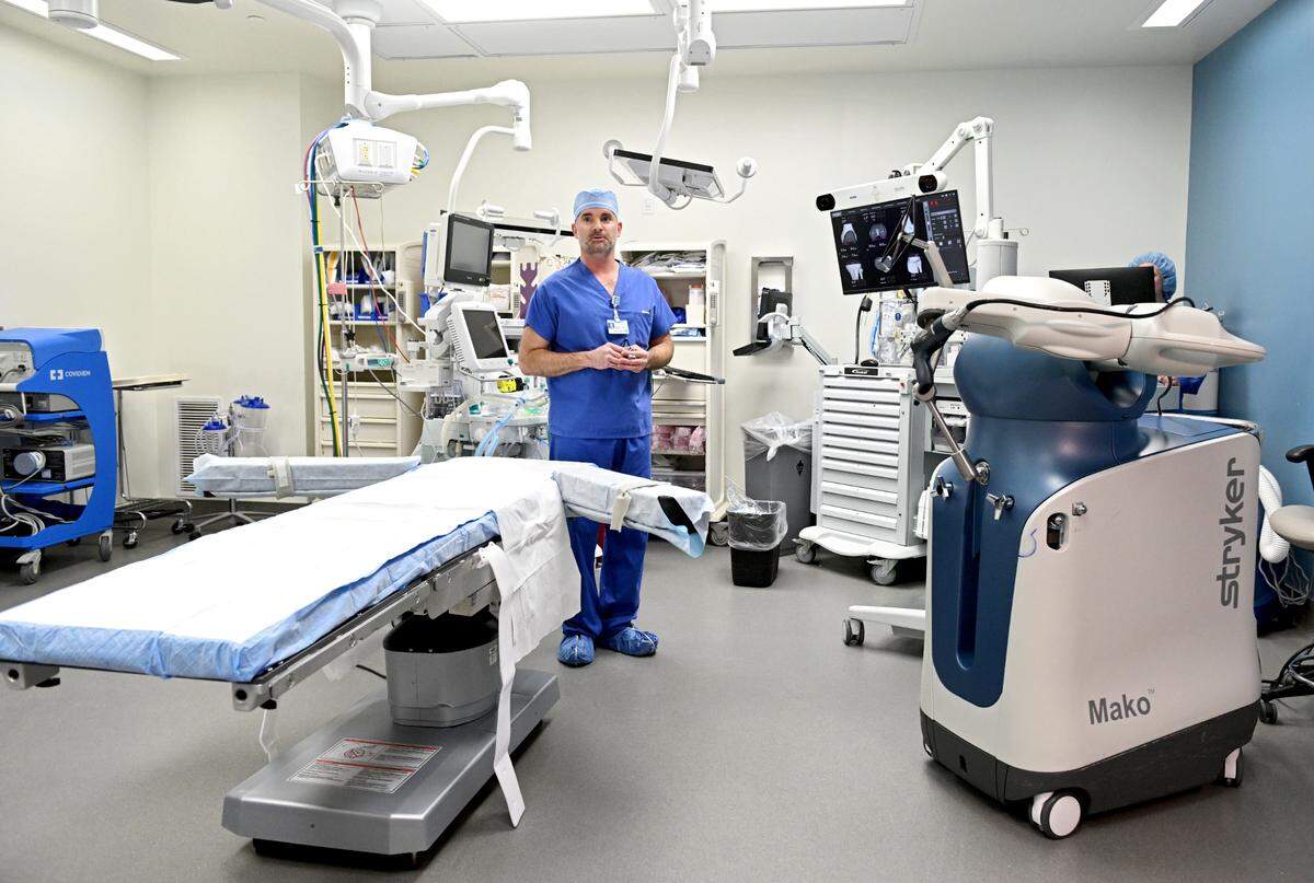Orthopedic surgeon Dr. Michael Sobolewski talks about the Mako robotic arm which is used to help with precision for joint replacement surgeries at Geisinger Healthplex State College on Wednesday, Jan. 29, 2025.