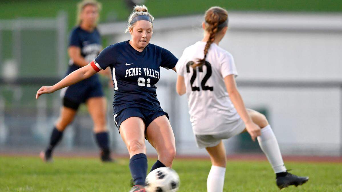 Penns Valley’s Ellie Brinker makes a pass during the soccer game against Clearfield on Wednesday, Oct. 20, 2021. Clearfield won, 3-1.