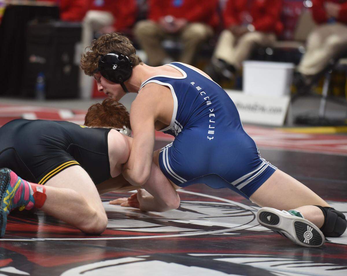 Penns Valley’s Malachi DuVall fights of a takedown attempt from Southern Columbia’s Wesley Barnes in their 152-pound third-place match. DuVall topped Barnes 4-0.