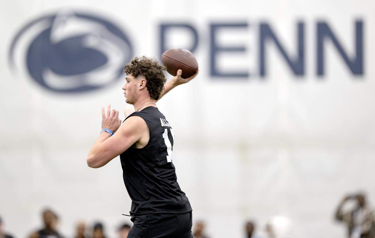 QB Drew Allar makes a pass during Penn State Pro Day on Wednesday, March 18, 2026.  