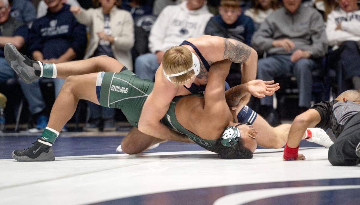 Penn State’s Josh Barr pins Michigan State’s Cory Thomas in the 197 lb bout of the match on Friday, Jan. 10, 2025 in Rec Hall.