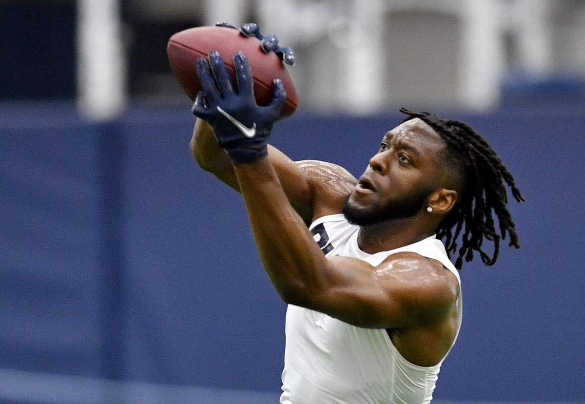 Wide receiver Benjamin Wilson makes a catch during Penn State pro day on Thursday, March 24, 2022.