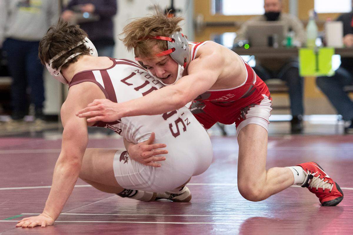 Bellefonte Area’s Lane Aikey wrestles Altoona Area’s Caleb Fasick during the PIAA NW AAA Regional Wrestling Tournament at Altoona Area High School on Feb. 27, 2021 in Altoona, PA. Aikey defeated Fasick 8-0.