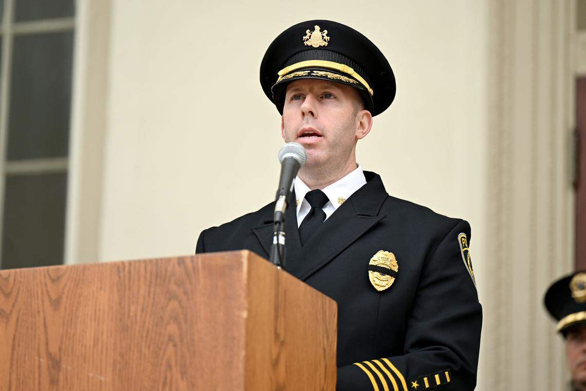 Spring Township police Chief Adam Salyards reads during the 2025 Centre County Peace Officers Memorial Ceremony as part of National Police Week on May 14, 2025.  