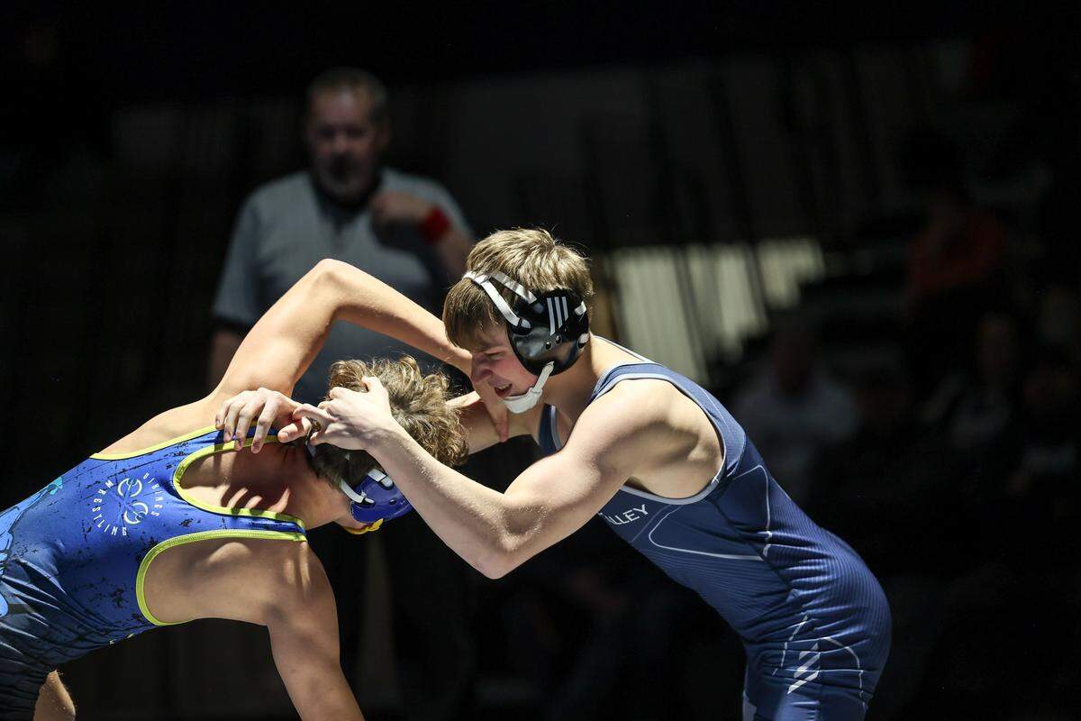 Penns Valley’s Erik Carlile, seen here in a Jan. 27 photo, collected his 100th career win on Saturday as the Rams were able to secure a berth in the PIAA Class 2A dual championships.
