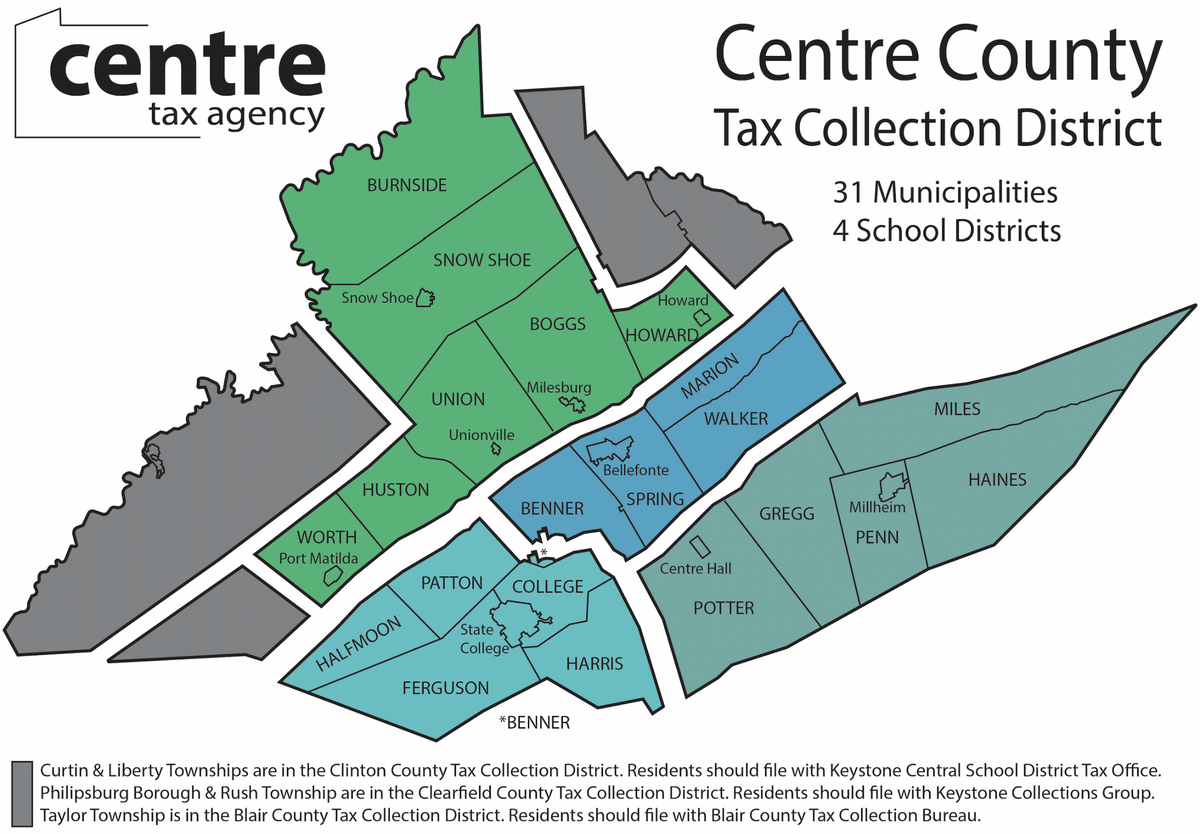 Centre Tax Agency serves as the designated collector of local earned income tax for 31 Centre County municipalities spread across four school districts.