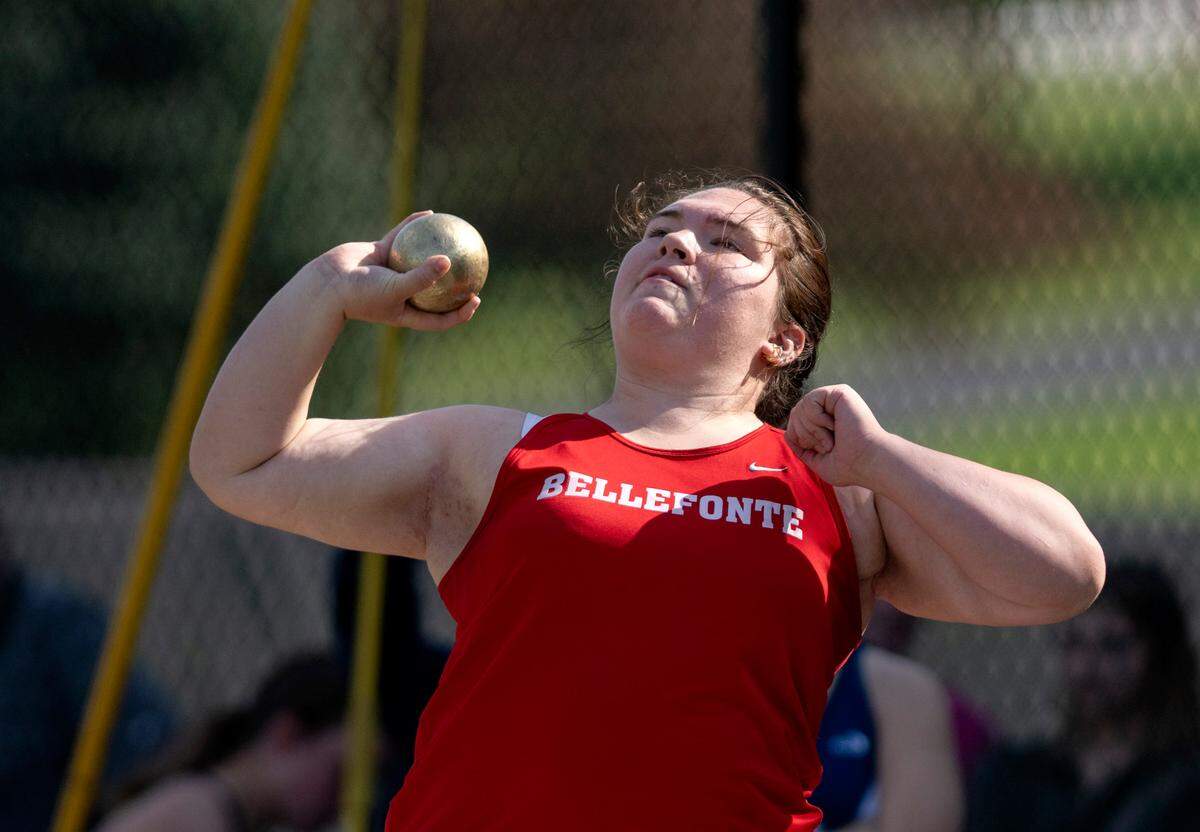 Bellefonte’s Madison Miller competes in the shot put during the Mountain League track and field championships on Tuesday, May 9, 2023. Miller finished in second with a throw of 30-08.00.