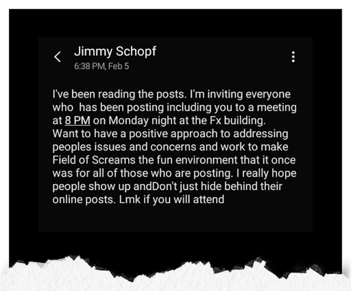 A screenshot of a text message from Field of Screams owner Jim Schopf, inviting volunteers to a meeting to discuss claims of abuse by staff.