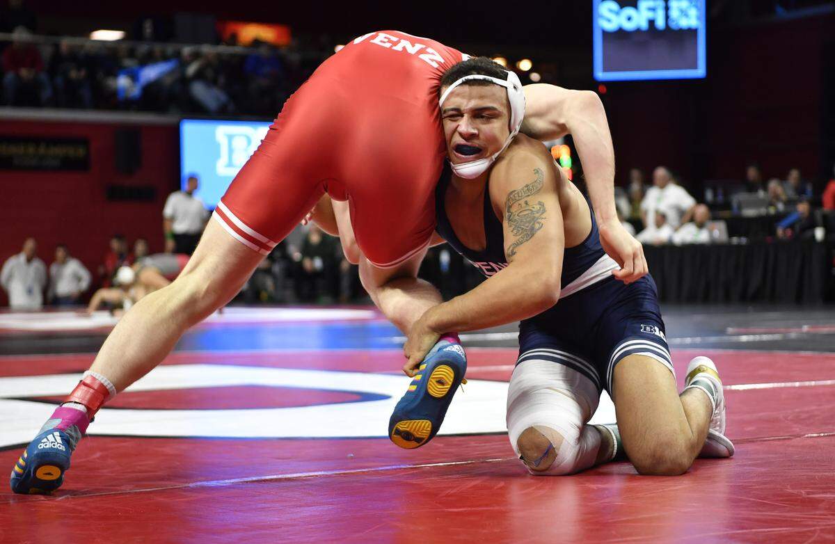 Penn State’s Aaron Brooks controls Nebraska’s Taylor Venz during the semi-finals of the Big Ten Wrestling championships at Rutgers on Saturday, March, 7, 2020.
