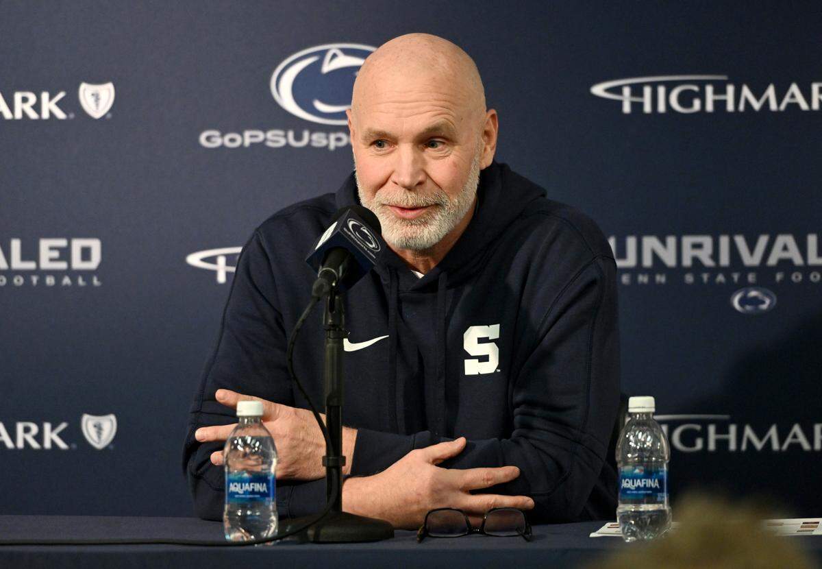 New Penn State defensive coordinator Jim Knowles answers questions during his introductory press conference on Tuesday, Feb. 4, 2025 at Pegula Ice Arena.