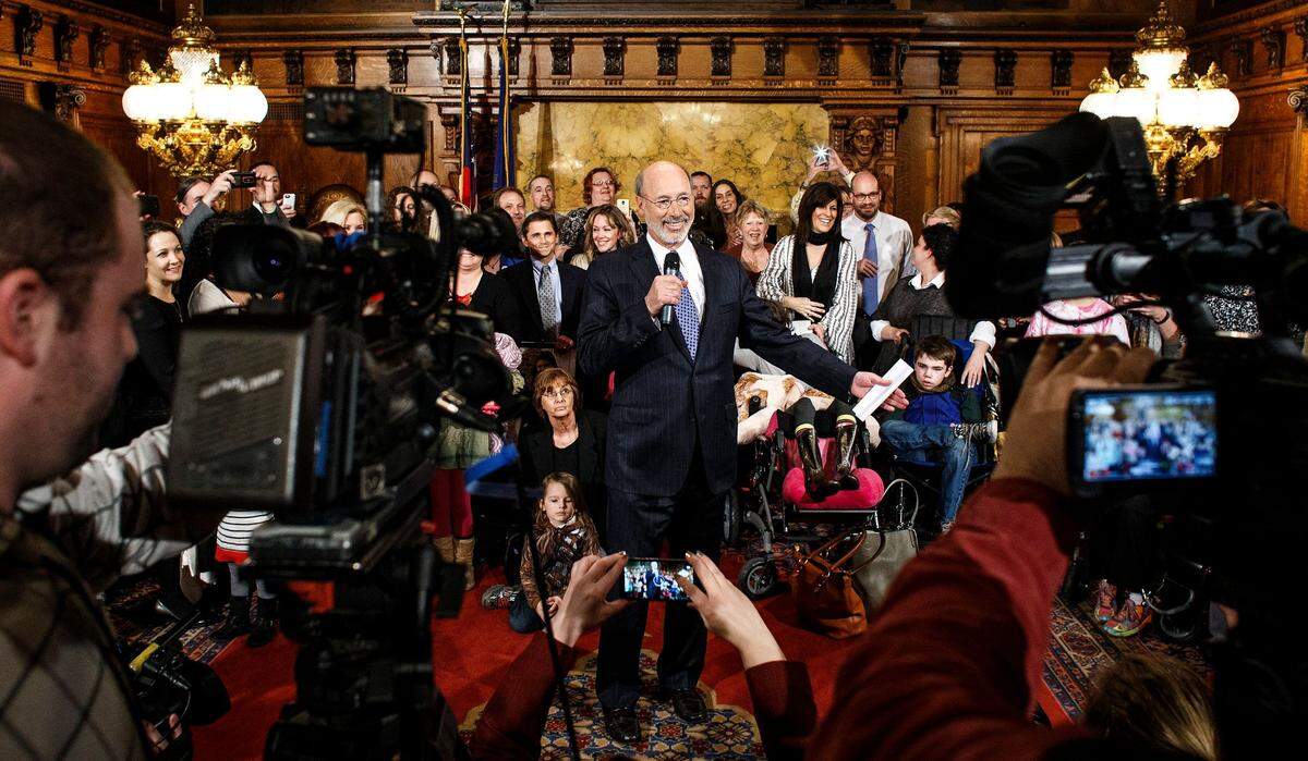 Gov. Tom Wolf pushed for medical marijuana legalization, including when he met with advocates at the state Capitol in Harrisburg on March 15, 2016. A compromise plan, which included a blanket ban on physician advertising, passed out of the GOP-controlled House the next day.