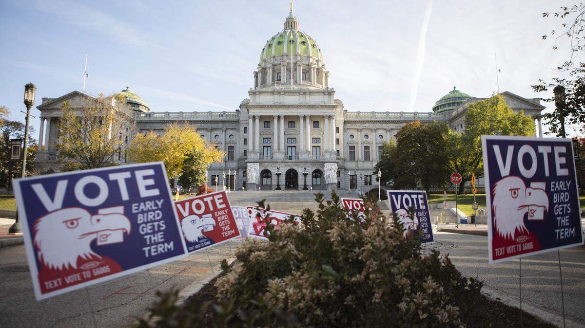 Pennsylvania’s capitol building in Harrisburg on the morning of Election Day. November 3, 2020.