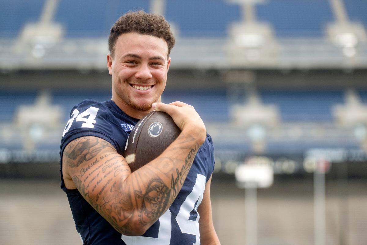 Penn State tight end Theo Johnson poses for a photo during Penn State football media day on Sunday, Aug. 6, 2023.
