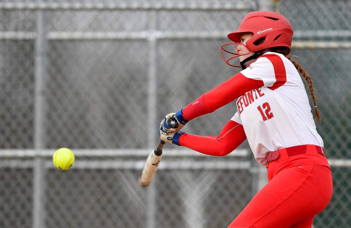 Bellefonte’s Ragan Manning gets a hit during the game against Penns Valley on April 4.